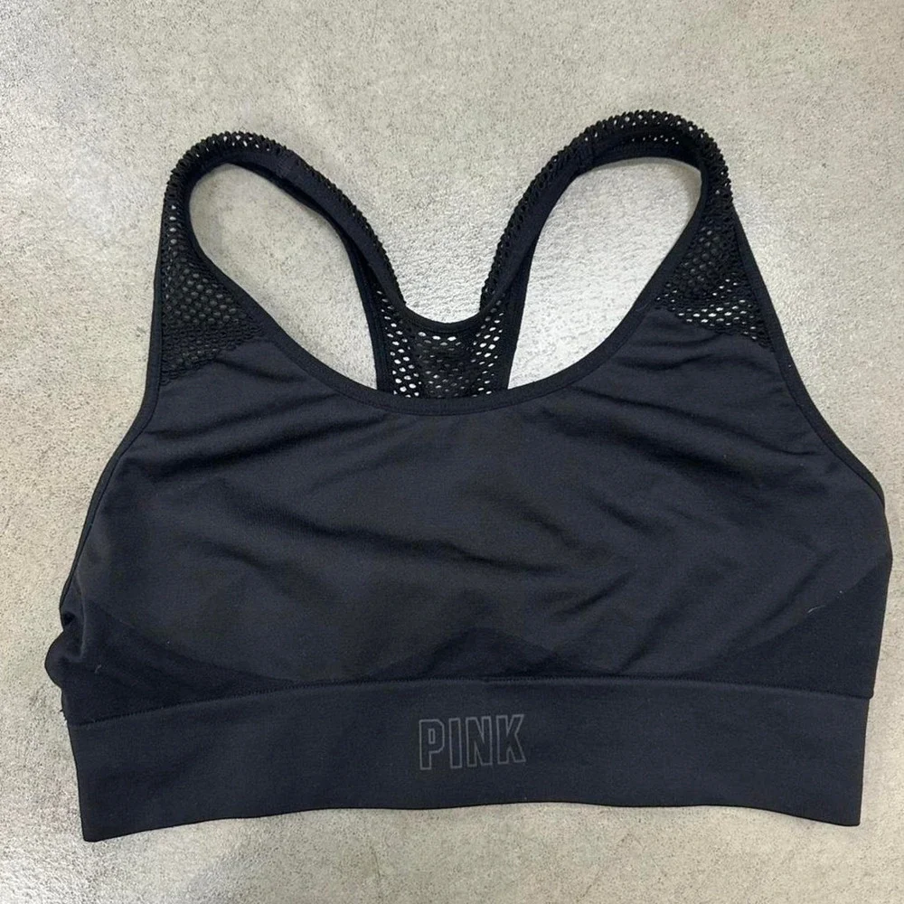 PINK Victoria's Secret Black Mesh Racerback Lightly Lined Sports Bra Large